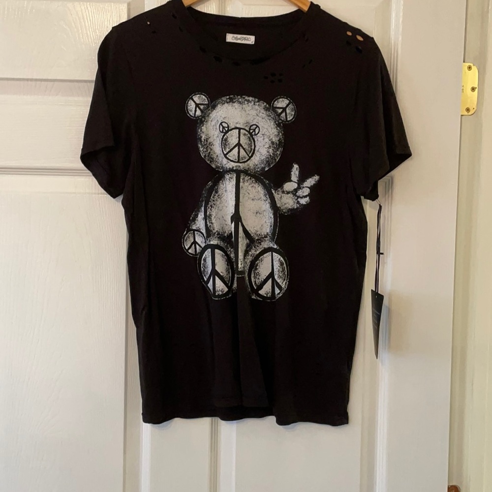 Lauren Moshi Black Short Sleeve Tee with White Peace Bear Graphic